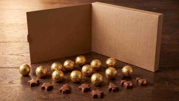 lindt adventskalender bild 1 Schokoladen-Adventskalender mit Pralinenkugeln auf einem Holztisch