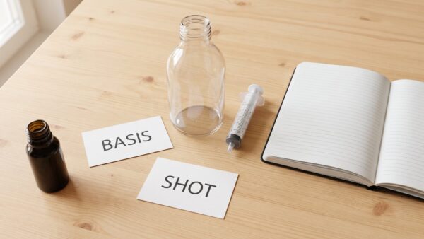 liquid mischen formel Liquid-Rechner: Spritze, Base und Nikotinshot auf dem Tisch