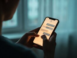 Love Scamming Chatverlauf auf dem Smartphone am Abend