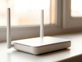 Weißer Router mit Antennen auf einer hellen Fensterbank