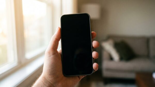 lte router bild 2 Hand hält ein Smartphone mit dunklem Bildschirm am Fenster