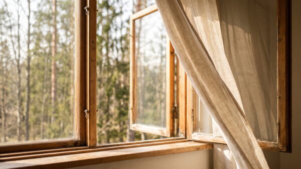 Weit geöffnetes Fenster mit leicht bewegtem Vorhang