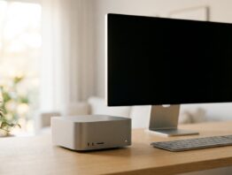 mac mini m6 bild 1 Kleiner silberner Desktop-Rechner vor einem Monitor auf einem hellen Schreibtisch