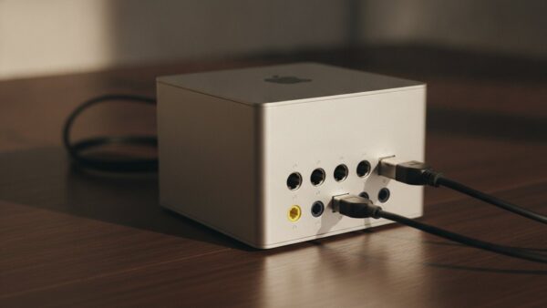 Rückseite eines kompakten Desktop-Rechners mit Netzwerk- und USB-C-Kabeln