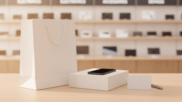 Unbeschriftete Einkaufstasche und flacher Produktkarton auf einem Tisch vor einem Elektronikregal