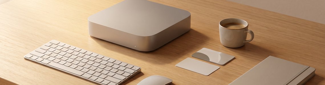 Kompakter silberner Mini-Desktop-Rechner mit Tastatur und Maus auf einem Holzschreibtisch