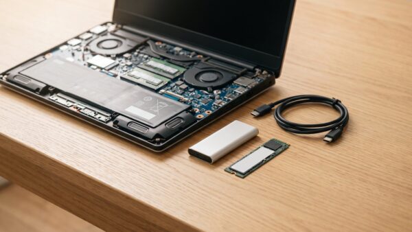 macbook kaufberatung bild 3 Geoeffnetes Notebook mit Platine neben externer SSD und M.2-Riegel als Speicher-Entscheidung