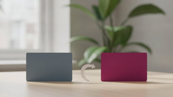 magenta pay bild 2 Zwei unbedruckte Karten in Blaugrau und Magenta nebeneinander mit einem Papierpfeil dazwischen