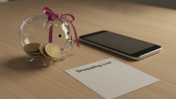 magenta pay bild 3 Gläsernes Sparschwein mit Münzen neben einem Smartphone und einem leeren Einkaufszettel