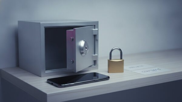 magenta pay bild 4 Kleiner Metalltresor mit leicht geöffneter Tür, davor ein Smartphone und ein Vorhängeschloss