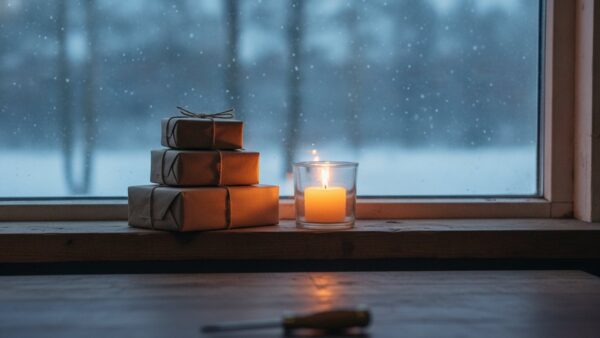 makita adventskalender bild 3 Eingepackte Geschenke und eine Kerze auf dem Fensterbrett einer Werkstatt bei Schneefall