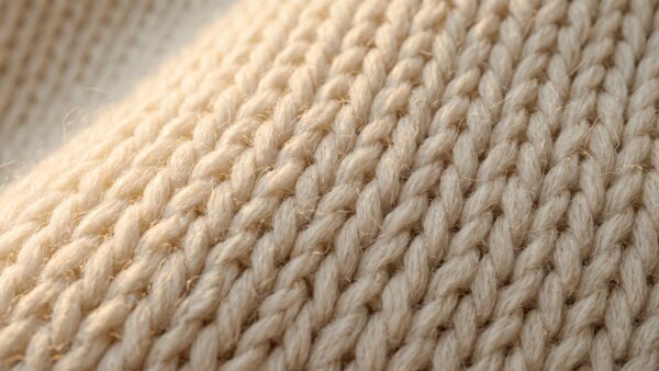 Nahaufnahme der Maschenstruktur eines hellen Strickstoffs