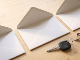 Drei leere geöffnete Briefumschläge, Autoschlüssel und Lesebrille auf hellem Holztisch