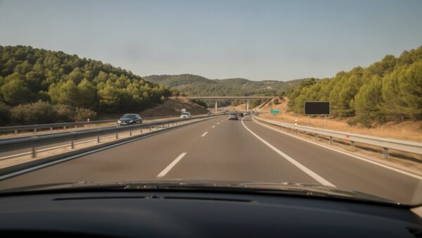 maut ausland bussgeld bild 2 Blick durch die Windschutzscheibe auf eine südeuropäische Autobahn in hügeliger Landschaft