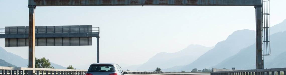 Graues Auto auf einer europäischen Autobahn unter einer schrankenlosen Mautbrücke im Morgenlicht