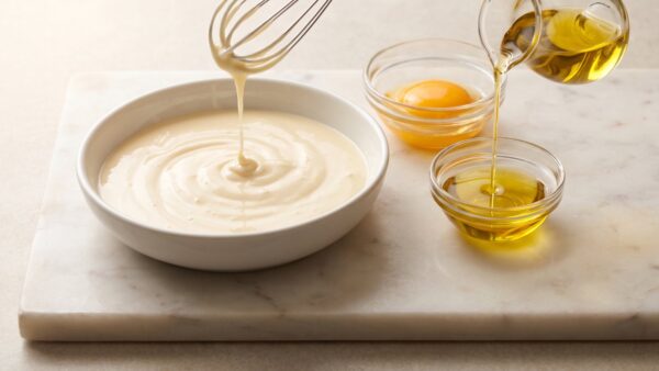 Cremige selbstgemachte Mayonnaise in einer Schüssel neben Eigelb und Öl