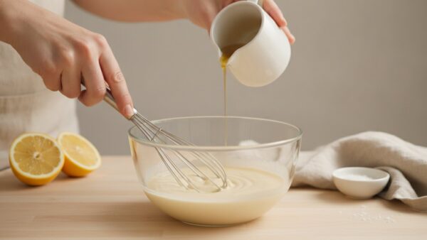 Mayonnaise selber machen mit Schneebesen und dünnem Ölstrahl in einer Glasschüssel