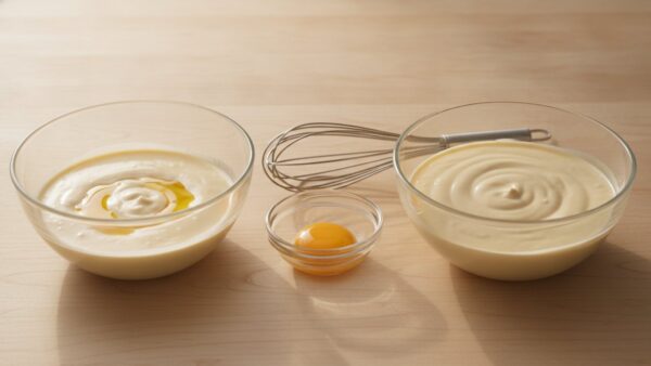 Geronnene und gelungene Mayonnaise im Vergleich, daneben ein frisches Eigelb zum Retten