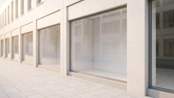mcarthurglen outlets bild 1 Leere Ladenzeile mit gleichförmigen hellen Fassaden
