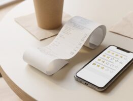 Kassenbon und Smartphone mit Umfrageformular auf einem Restauranttisch