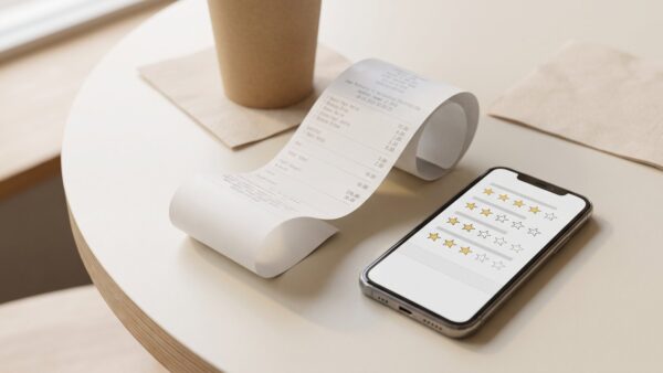 mcdonalds feedback bild 1 Kassenbon und Smartphone mit Umfrageformular auf einem Restauranttisch