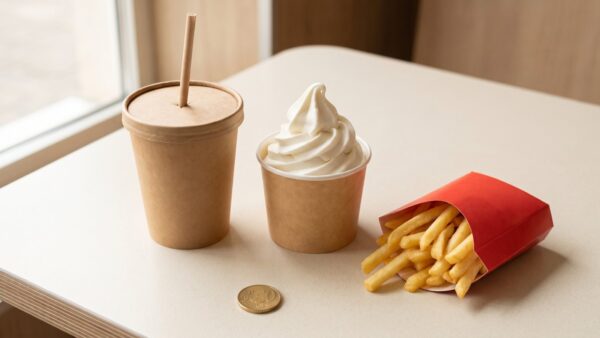 mcdonalds feedback bild 5 Getränkebecher, Eisbecher und Pommes neben einer 50-Cent-Münze auf dem Tisch