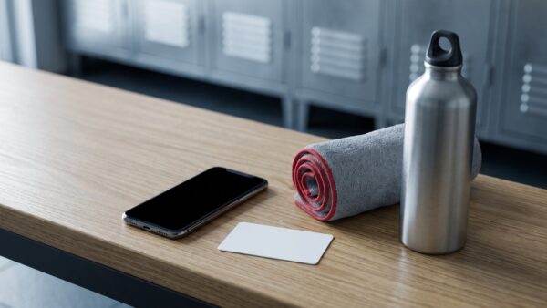 Smartphone, unbedruckte Karte, Handtuch und Trinkflasche auf einer Umkleidebank – McFit Vertrag mit der App verbinden