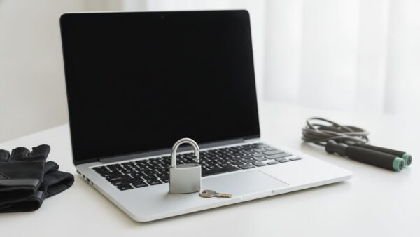 Laptop mit geöffnetem Schloss, Schlüssel und Trainingshandschuhen – Mein McFit im Browser und Passwort vergessen