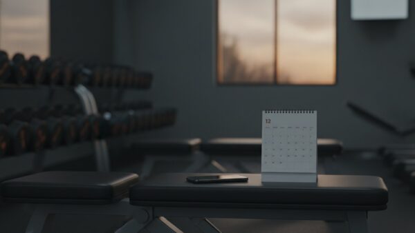 Smartphone und leerer Kalender auf einer Hantelbank im Fitnessstudio – McFit Mitgliedschaft und Ruhezeit online verwalten
