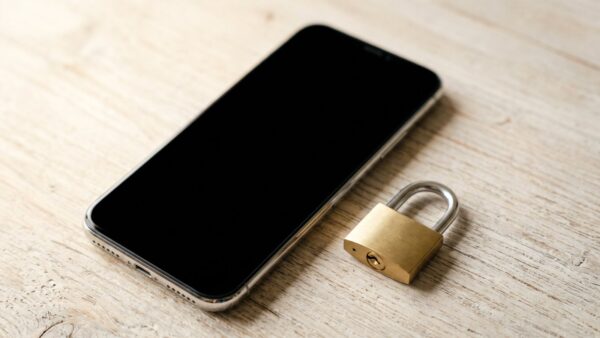 Smartphone mit dunklem Bildschirm neben einem kleinen Vorhängeschloss
