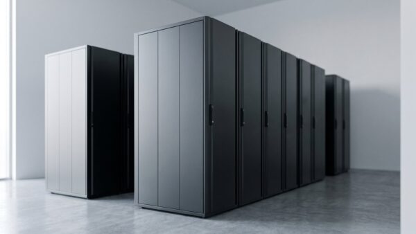 Schlichte Serverschränke in einem hellen Rechenzentrum