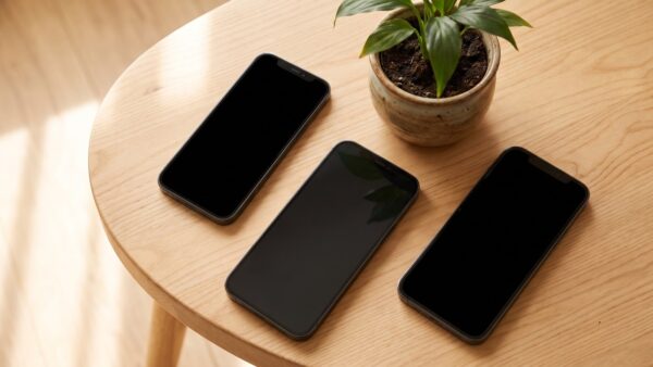 Drei Smartphones mit dunklen Bildschirmen auf einem Holztisch