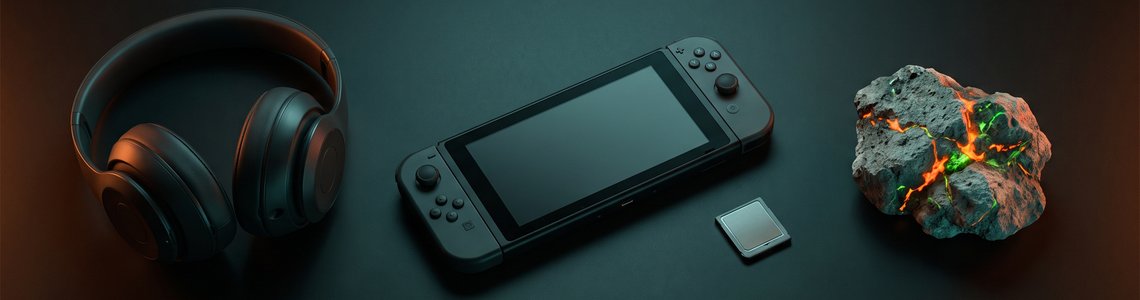 Metroid Ravenous: dunkler Gaming-Schreibtisch mit Handheld-Konsole, Kopfhörern und leuchtendem Mondgestein