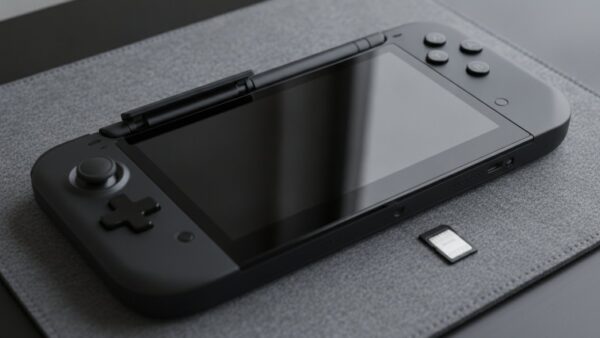 microsd express bild 2 Schlanke schwarze Handheld-Konsole mit geöffneter Speicherkartenklappe und einer kleinen Karte daneben