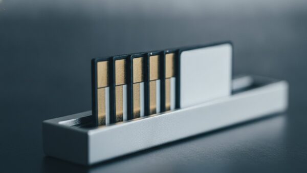 microsd express bild 3 FĂĽnf unbedruckte Speicherkarten aufrecht in einer Aufbewahrungsschale aus Aluminium