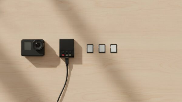 microsd express bild 4 Actionkamera, Kartenleser und drei kleine Speicherkarten nebeneinander auf einem hellen Schreibtisch