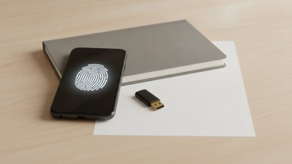microsoft 365 login bild 3 Smartphone mit Fingerabdruck-Symbol und USB-SicherheitsschlĂŒssel fĂŒr die Anmeldung per Passkey