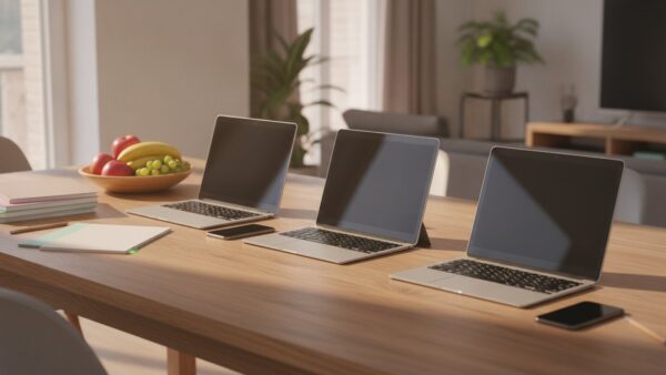 microsoft 365 login bild 4 Mehrere Notebooks, Tablets und Smartphones auf einem Familientisch fĂŒr ein geteiltes Microsoft 365 Abo