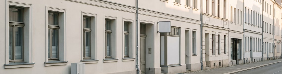 Helle Altbaufassaden in einer deutschen Innenstadt im Morgenlicht
