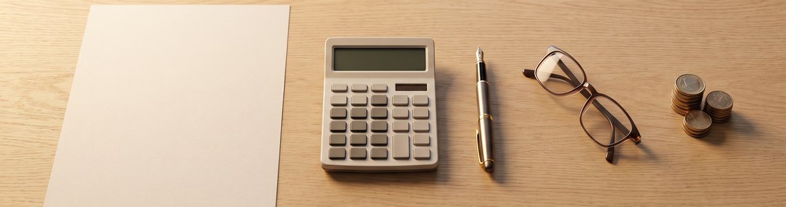 Formular, Taschenrechner und Muenzen auf einem Schreibtisch
