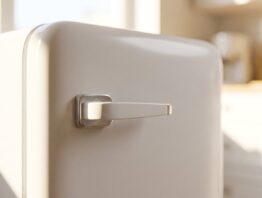 Nahaufnahme der weißen Tür eines kleinen Kühlschranks mit Griff