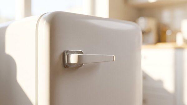 Nahaufnahme der weißen Tür eines kleinen Kühlschranks mit Griff