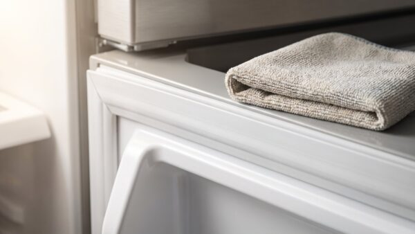 Nahaufnahme einer sauberen Kühlschrank-Türdichtung mit Tuch