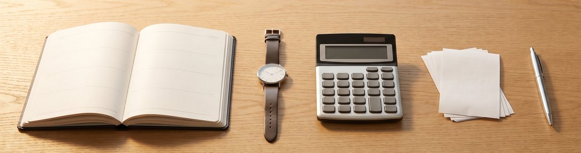 Schreibtisch mit Kalender, Uhr und Taschenrechner zum Thema Minijob Stunden