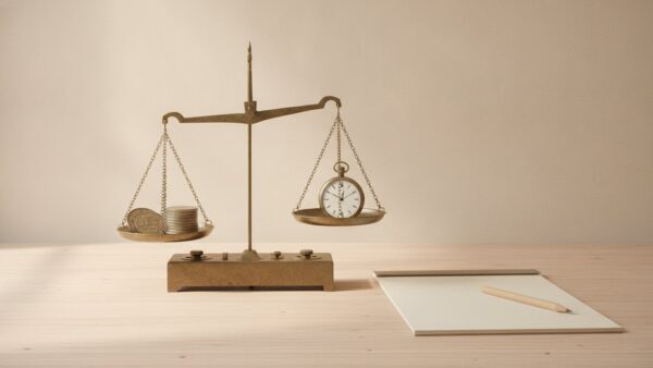 minijob stunden stundenlohn Waage mit Muenzen und Taschenuhr als Sinnbild fuer Stundenlohn und Minijob Stunden