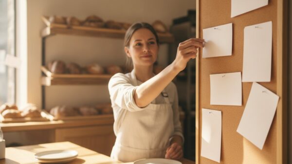 minijob stunden ueberschreiten Baeckerei-Mitarbeiterin haengt eine Karte an den Dienstplan als Sinnbild fuer Mehrarbeit im Minijob