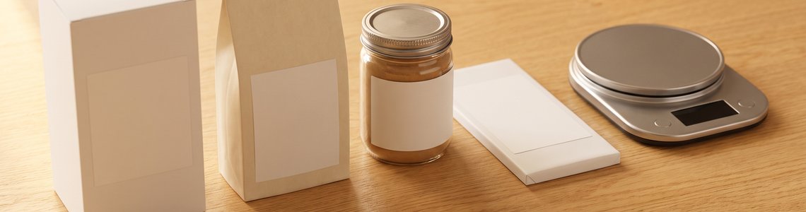 Mogelpackung Header mit unbedruckten Verpackungen und Küchenwaage