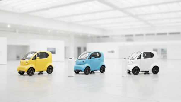 mopedauto kaufen bild 2 Drei kleine Elektro-Kleinstfahrzeuge nebeneinander in einer hellen Ausstellungshalle
