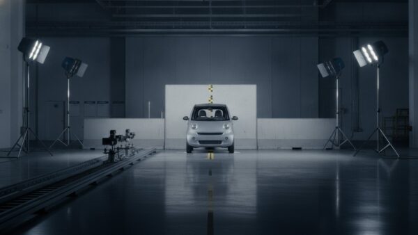 mopedauto kaufen bild 3 Kleines Kleinstfahrzeug vor einer Betonbarriere in einer Crashtest-Halle