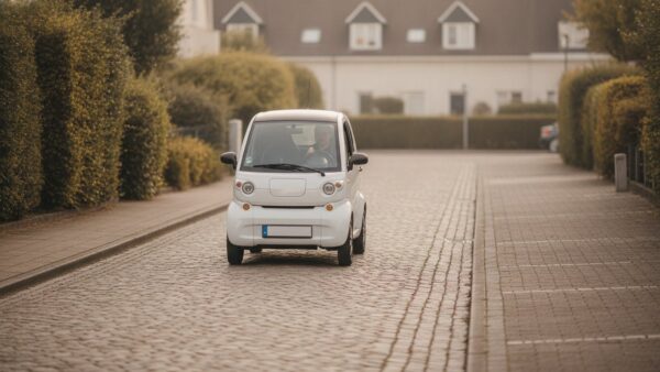 mopedauto kaufen bild 4 Kleines Elektro-Kleinstfahrzeug auf einer ruhigen Wohnstraße mit Kopfsteinpflaster